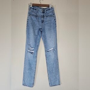 American Eagle Jeans Womens 2 X-Long Mom Jean High Rise Ripped Knees Grunge Y2K